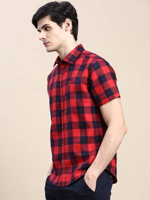 men's short sleeves tartan checks red shirt 3