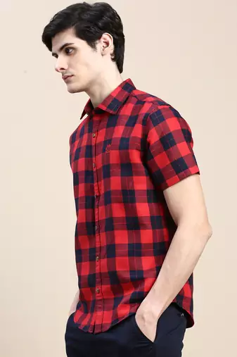 men's short sleeves tartan checks red shirt