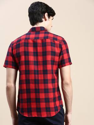 men's short sleeves tartan checks red shirt 4