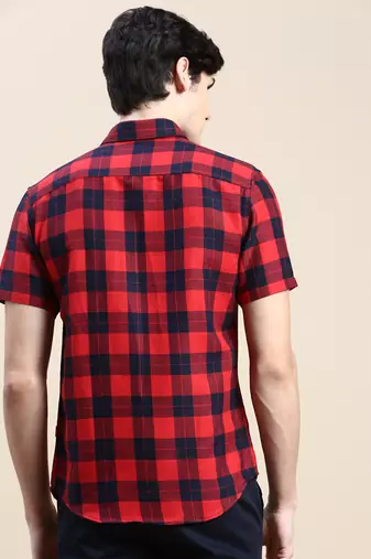 men's short sleeves tartan checks red shirt