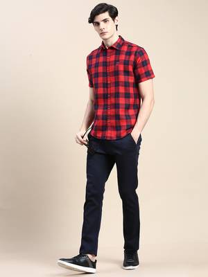 men's short sleeves tartan checks red shirt 5