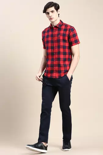 men's short sleeves tartan checks red shirt