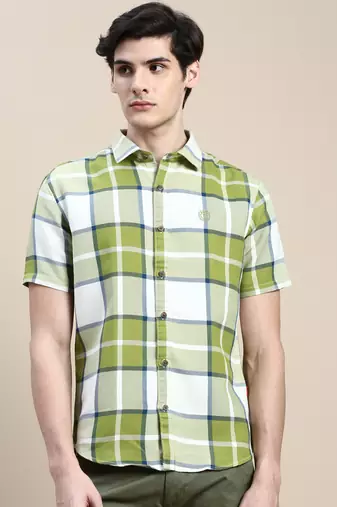 men's short sleeves tartan checks green shirt