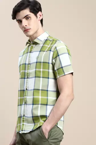 men's short sleeves tartan checks green shirt