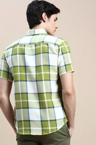 men's short sleeves tartan checks green shirt