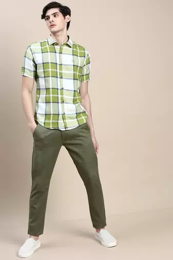 men's short sleeves tartan checks green shirt