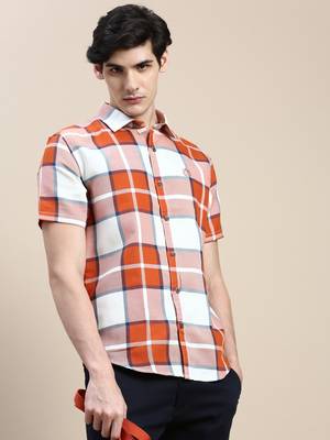 men's short sleeves tartan checks orange shirt 1