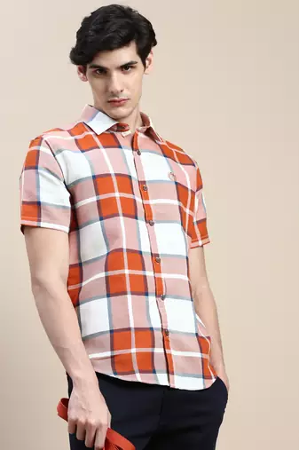 men's short sleeves tartan checks orange shirt
