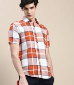 men's short sleeves tartan checks orange shirt