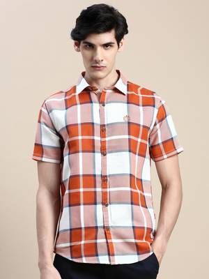 men's short sleeves tartan checks orange shirt 2