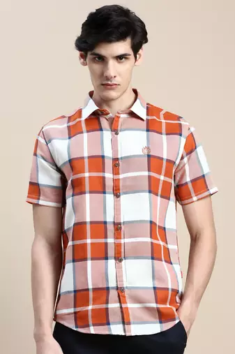 men's short sleeves tartan checks orange shirt
