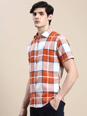 men's short sleeves tartan checks orange shirt 3