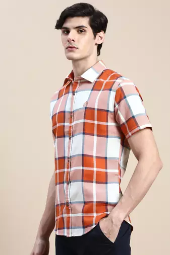 men's short sleeves tartan checks orange shirt