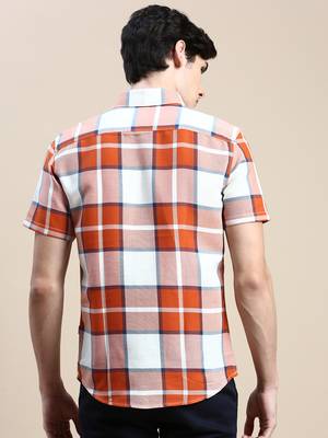 men's short sleeves tartan checks orange shirt 4