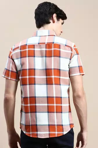 men's short sleeves tartan checks orange shirt