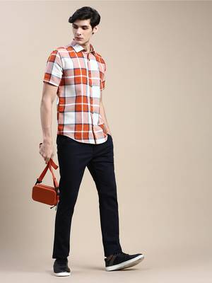 men's short sleeves tartan checks orange shirt 5