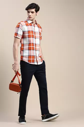 men's short sleeves tartan checks orange shirt