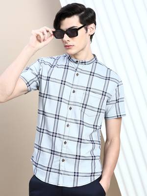 men's short sleeves tartan checks grey shirt 1