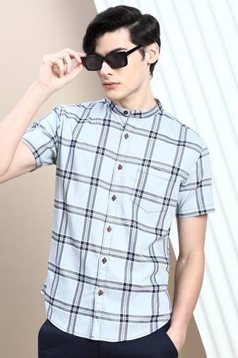 men's short sleeves tartan checks grey shirt