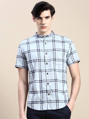 men's short sleeves tartan checks grey shirt 2