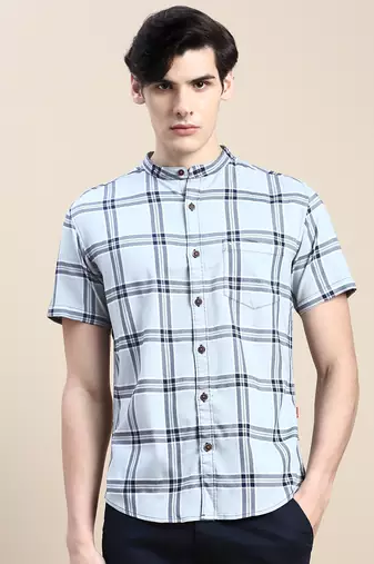 men's short sleeves tartan checks grey shirt