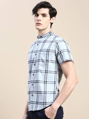 men's short sleeves tartan checks grey shirt 3