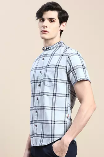men's short sleeves tartan checks grey shirt