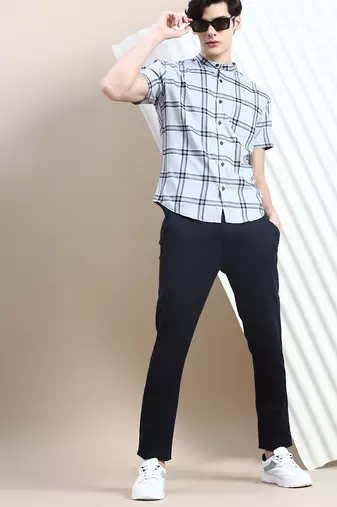 men's short sleeves tartan checks grey shirt