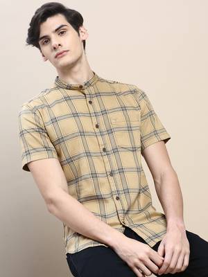 men's short sleeves tartan checks beige shirt 1