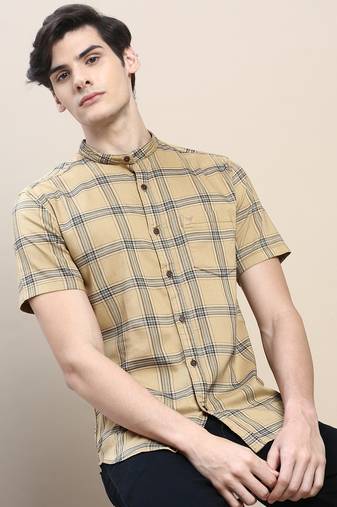 men's short sleeves tartan checks beige shirt