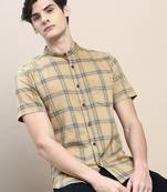 men's short sleeves tartan checks beige shirt