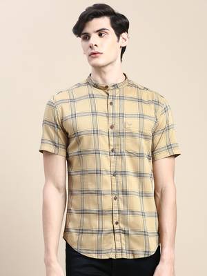 men's short sleeves tartan checks beige shirt 2