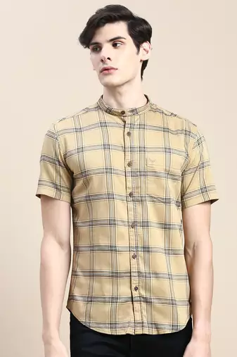 men's short sleeves tartan checks beige shirt
