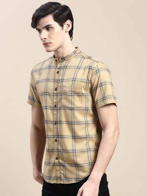 men's short sleeves tartan checks beige shirt 3