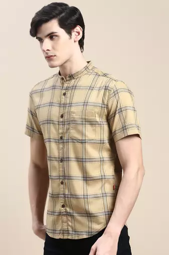 men's short sleeves tartan checks beige shirt
