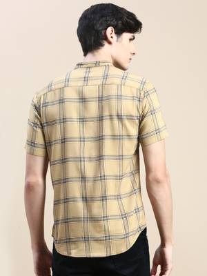 men's short sleeves tartan checks beige shirt 4