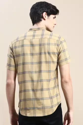 men's short sleeves tartan checks beige shirt