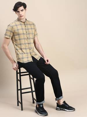 men's short sleeves tartan checks beige shirt 5