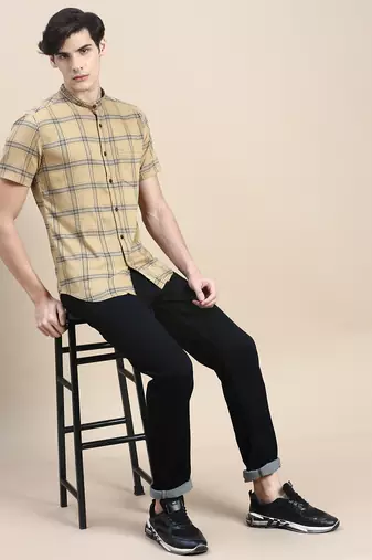 men's short sleeves tartan checks beige shirt
