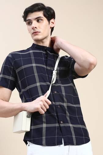 men's short sleeves shepherd checks navy blue shirt