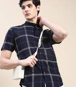 men's short sleeves shepherd checks navy blue shirt