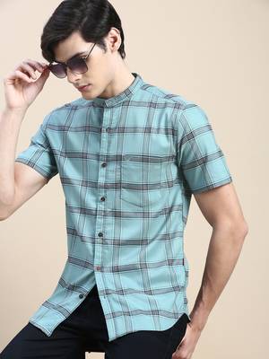 men's short sleeves tartan checks sea green shirt 1