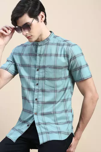 men's short sleeves tartan checks sea green shirt
