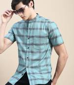men's short sleeves tartan checks sea green shirt