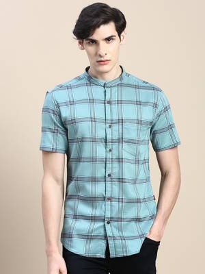 men's short sleeves tartan checks sea green shirt 2
