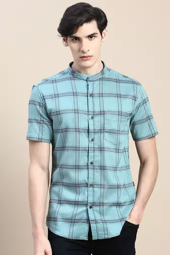 men's short sleeves tartan checks sea green shirt