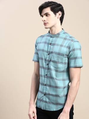 men's short sleeves tartan checks sea green shirt 3