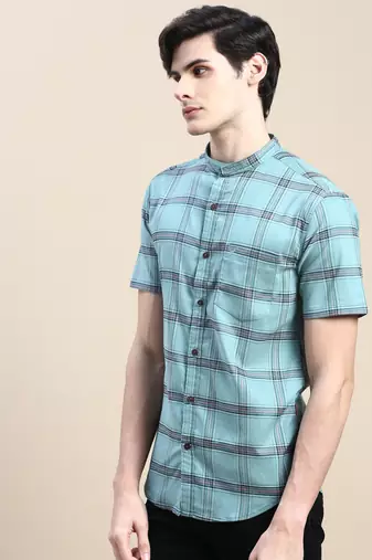 men's short sleeves tartan checks sea green shirt