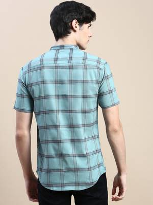men's short sleeves tartan checks sea green shirt 4