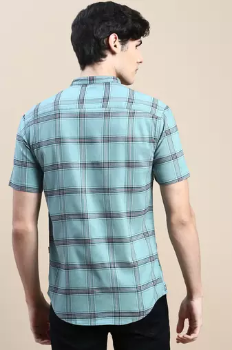men's short sleeves tartan checks sea green shirt